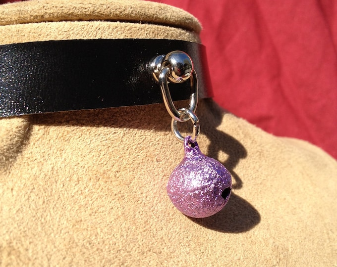 Tiny Sparkly Lavender Bell on Black Leather Choker