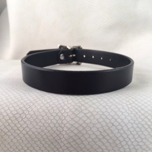 May include: A black leather choker necklace with a silver-colored buckle. The choker is a simple band of leather, with several holes for adjustment. The buckle is rectangular and shiny.