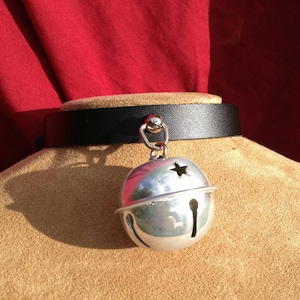 Shiny 1.5 inch Silvery White Bell on Black Leather Choker
