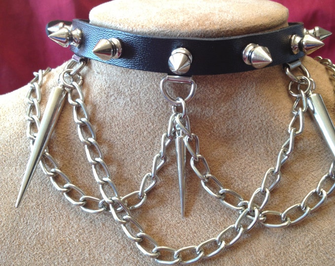 Spiked Chain Leather Collar, leather choker with spikes and hanging chains, sexy spiked leather collar