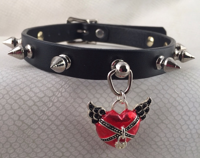 Heart in Chains Spiked Black Leather Bondage Ring Collar