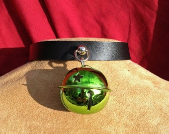 Shiny 1.5 inch Lime Green Bell on Black Leather Choker