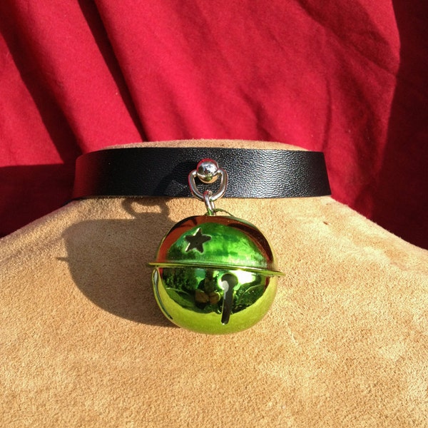 Shiny 1.5 inch Lime Green Bell on Black Leather Choker