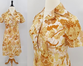 vintage jaren '70 jurk | Jaren 1970 herfst herfst toon aquarel bloemen shirtwaist jurk | groot