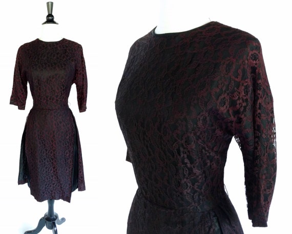 vintage 60s black lace dress || 1960s black satin… - image 1