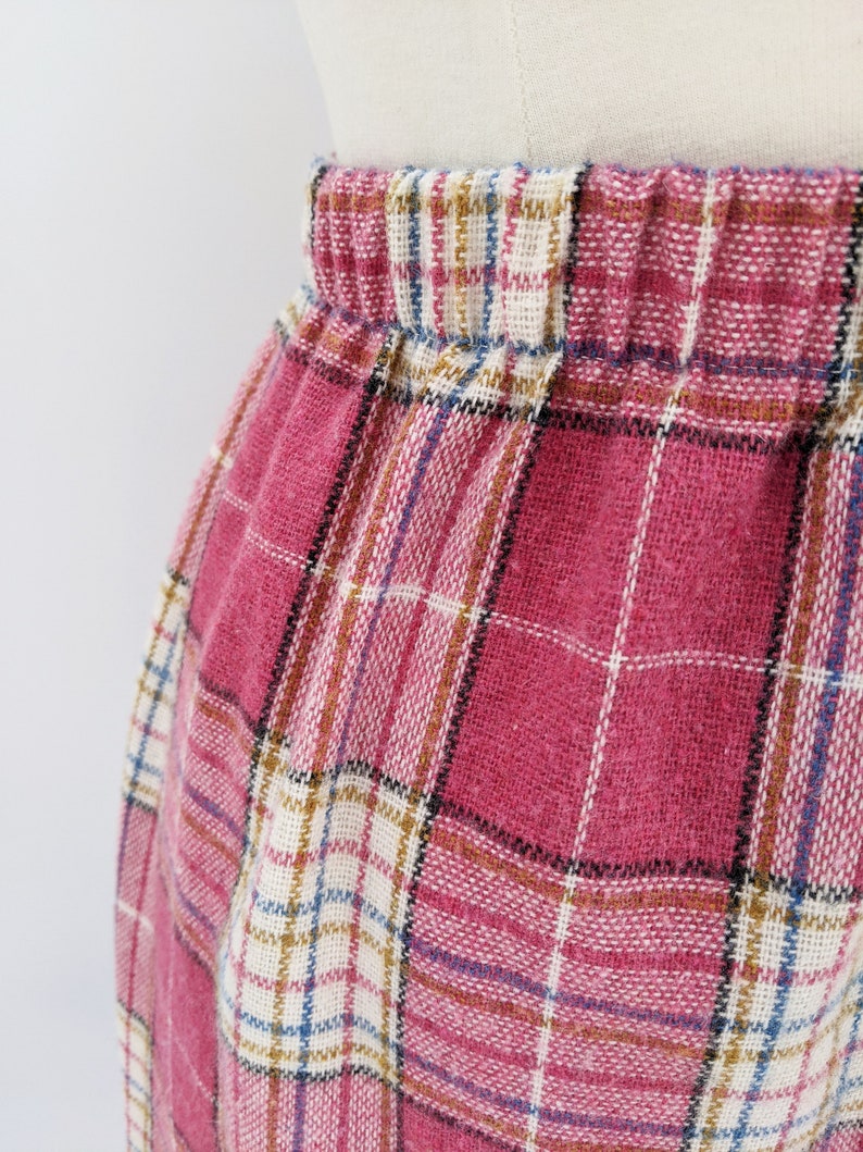 medium vintage 80s plaid wool skirt 1980s dusty rose pink plaid elastic waist straight skirt