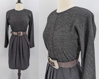 vintage 80s gray wool dress | 1980s Gillian Petites charcoal gray long sleeve winter dress with dolman sleeves and draped skirt | xs small