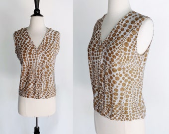 vintage 60s lurex top || 1960s Leslie Fay sparkly metallic silver and gold polka dot button front vest blouse with diamante buttons | medium