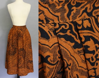 vintage 90s paisley skirt || 1990s burnt orange and black rayon midi skirt || SK & Company full skirt || small