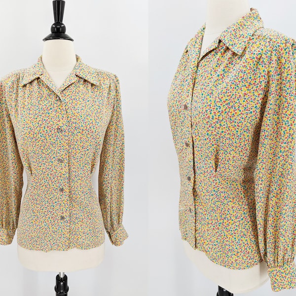 vintage 90s geometric print blouse | 1990s does 40s Evan-Picone abstract shape button down long sleeve shirt secretary fitted blouse | small