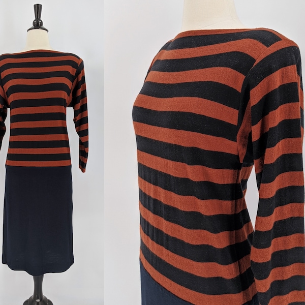 vintage 80s tube dress | 1980s The Kollection black and rust striped dropwaist long sleeve knit sweater wiggle dress | small