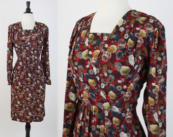 vintage 70s dark floral dress | 1970s rayon crepe long sleeve dress with faux wrap bodice | large