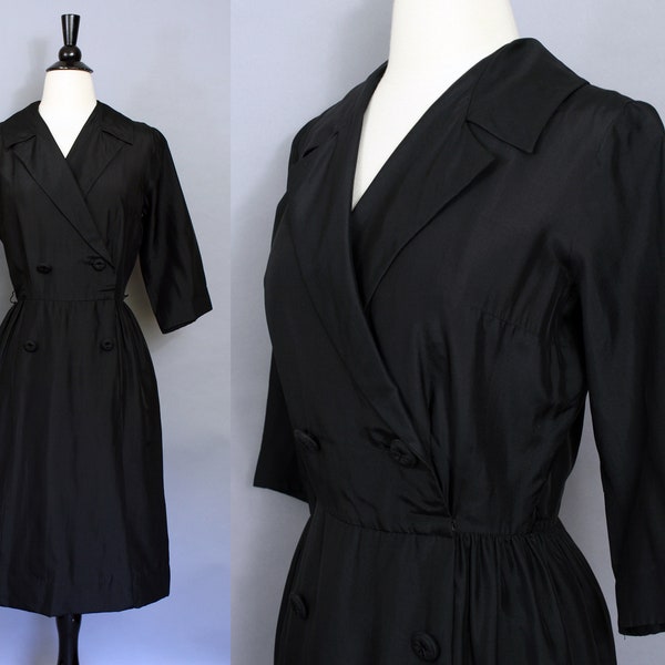 vintage 60s black silk double breasted dress || 1960s classic classy notched collar day dress cocktail dress with pencil skirt || xs small
