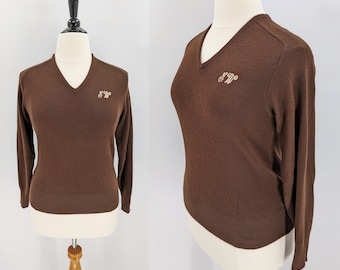 vintage 80s monogrammed brown sweater | 1980s Pine State Knitwear acrylic V-neck sweater with EW monogram | mens small womens medium