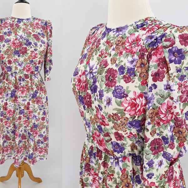 vintage 80s floral secretary dress | 1980s Tabby of California bright cheerful knit day dress | medium large