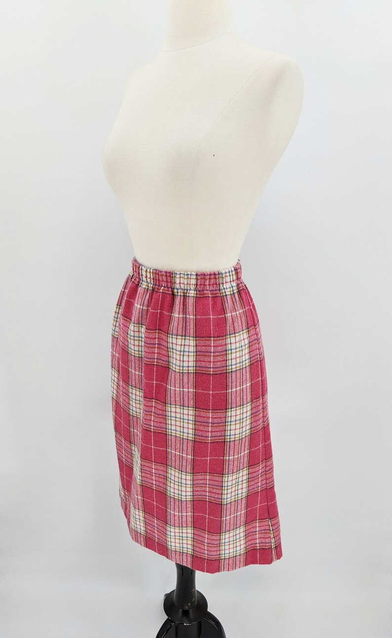 medium vintage 80s plaid wool skirt 1980s dusty rose pink plaid elastic waist straight skirt