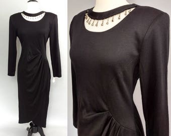 vintage 80s dress || 1980s dress || NWT black knit sweater dress || winter dress || boho silver bell beads || tulip hem midi dress || small