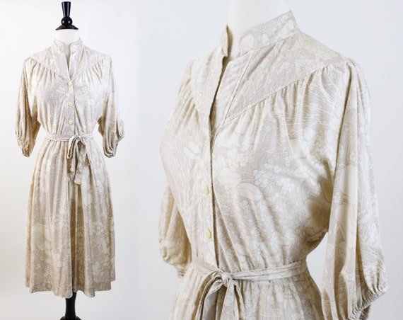 vintage 70s dress | 1970s beige and putty floral … - image 1