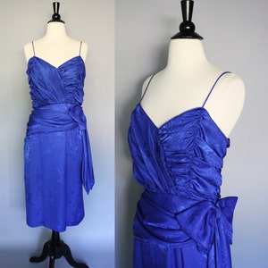 Vintage Purple Blue Jacquard Floral Dress / 80s Ruched Hip Swag Wiggle ...