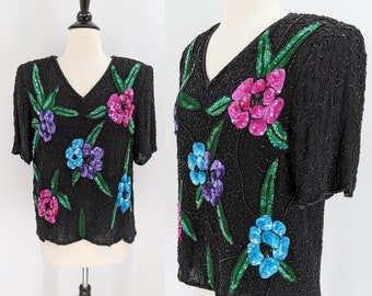 vintage 90s silk beaded top / 1990s Stenay negro V cuello blusa formal con cuentas y coloridas flores de lentejuelas / Made in India / medium