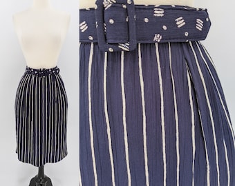 vintage 90s blue striped rayon midi pencil skirt | 1990s Russ navy crinkle skirt with contrast print belt | medium