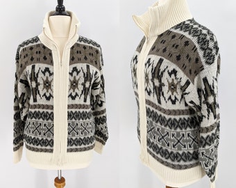 vintage 70s acrylic knit cowichan style cardigan sweater | 1970s zip front neutral earthy tone striped sweater | medium large