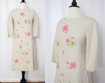 vintage 60s Natural Linen Embroidered Floral Shift Dress / 1960s Tan Beige Appliqued Three Quarter Sleeve Day Dress / Small