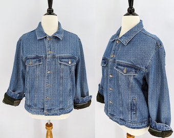 90s trucker jacket with blanket lining | 1990s Wrangler Hero flannel lined denim jacket blue jean jacket | men's XL