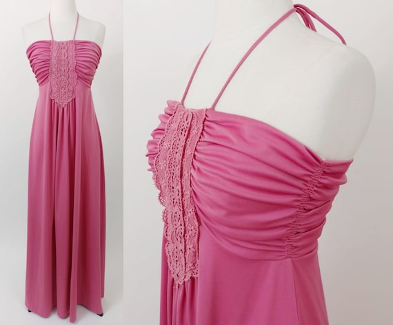 vintage 70s halter maxi dress || 1970s dusty rose… - image 1