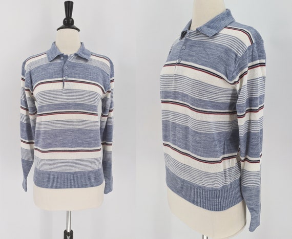vintage 80s striped henley sweater | 1980s Classi… - image 1