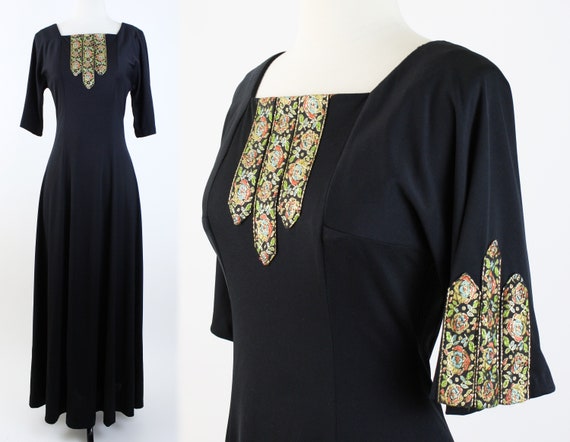vintage 70s maxi dress | 1970s black metallic flor