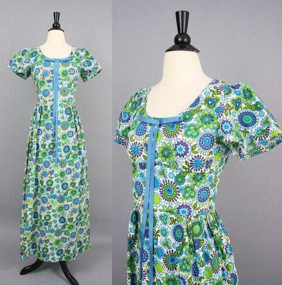 vintage 60s Psychedelic Maxi Dress / 1960s Aqua L… - image 1