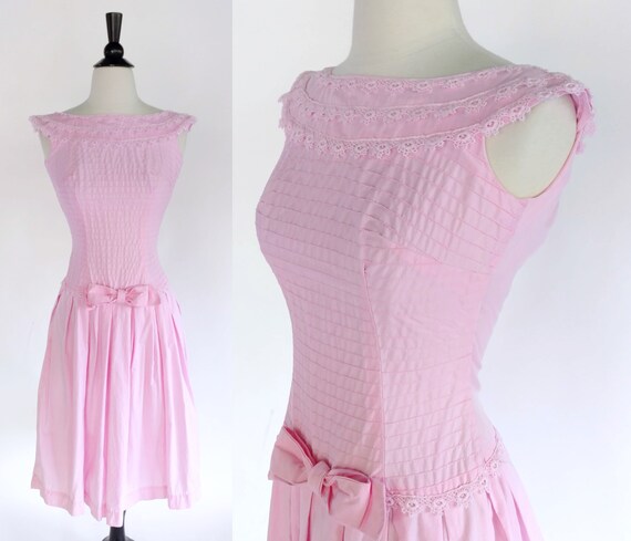 vintage 50s dress || 1950s cotton candy pink dropw