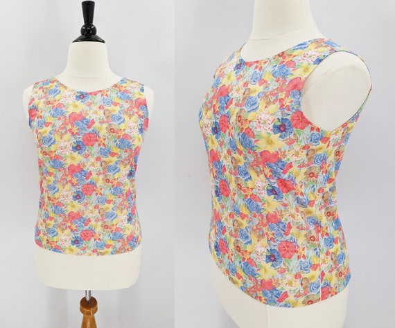 vintage 70s floral print tank top | 1970s bright … - image 1