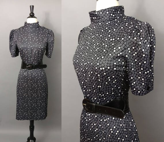 vintage 80s black and white floral shift dress ||