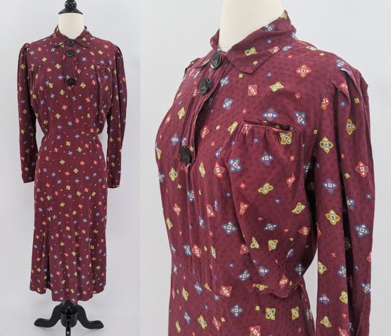 vintage 30s cotton day dress | 1930s VOLUP burgund