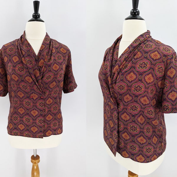 vintage 80s Helene St. Marie Moroccan paisley print blouse | 1980s silky lightweight draped neckline wrap blouse | extra large XL volup