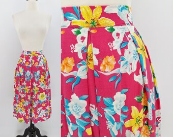 vintage 90s tropical floral skirt | 1990s hot pink magenta neon lily hibiscus print rayon midi skirt | small