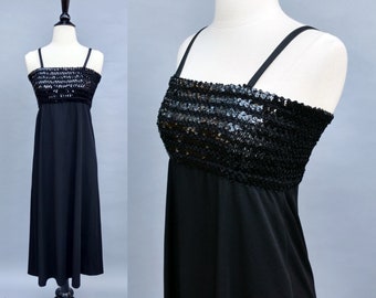 vintage 70s black sequined disco dress || 1970s shiny sparkly sequin bodice midi dress dancing dress || sexy tank dress || small