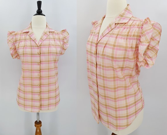 vintage 80s plaid blouse | 1980s Just Four pink an