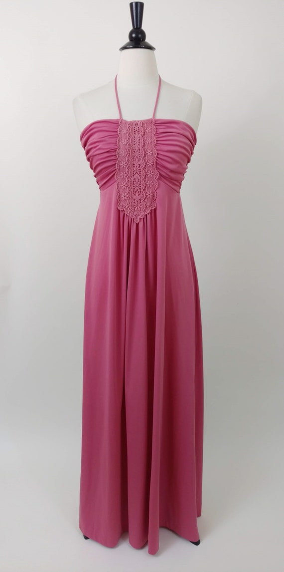 vintage 70s halter maxi dress || 1970s dusty rose… - image 2