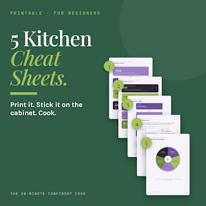 May include: A set of five printable kitchen cheat sheets on white paper with purple and green accents, featuring numbered circles from one to five. The text reads 5 Kitchen Cheat Sheets. Print it. Stick it on the cabinet. Cook. The 20-Minute Confident Cook.