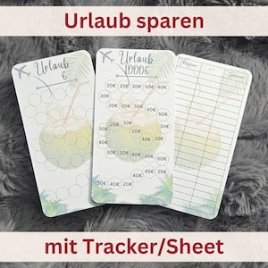 Könnte beinhalten: Ein Set aus drei druckbaren Urlaubsspar-Trackern. Die Tracker zeigen eine Kokosnuss mit einem Strohhalm und Palmen. Der erste Tracker ist ein Kreisdiagramm mit Beträgen von 20, 25, 30, 40 und 50 Euro. Der zweite Tracker ist ein Kreisdiagramm mit Beträgen von 1000 Euro. Der dritte Tracker ist ein Blatt mit Zeilen zum Aufzeichnen von Ersparnissen.