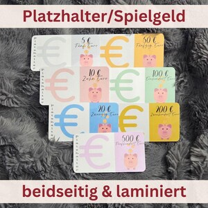 Platzhalter Spielgeld beidseitig bedruckt laminiert für A6 Binder Taschen verschiedene Beträge auf 250g Papier abgerundete Ecken Budget Geld