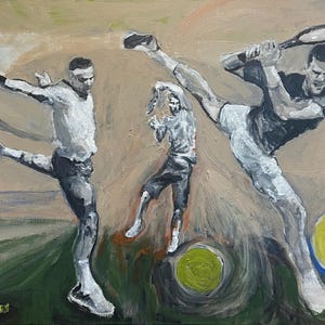 Acrylic painting Dance of the Tennis GOATS 16x20” on stretched canvas. Roger Federer, Rafa Nadal, and Novak Djokovic,  the greatest ever.