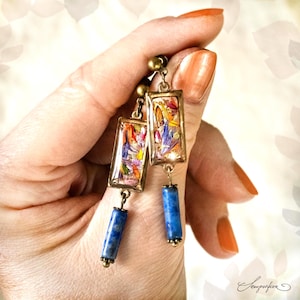 Ohrringe im Vintage Stil mit echten Blüten in Harz – Rechteckig,  Lapislazuli, Farbig, Bronze, Handgemachtes Unikat