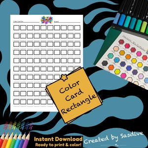 May include: A collection of color card templates for markers and colored pencils. The image includes a color card labeled "Color Card Rectangle" and a color chart with numbered hexagonal spaces. The text "Instant Download Ready to print & color!" is also visible.