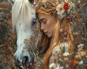 Horse Art Print, Boho Wall Art, Woman and Horse, Equestrian Decor, Digital Download, Rustic Wall Art, Feminine Poster