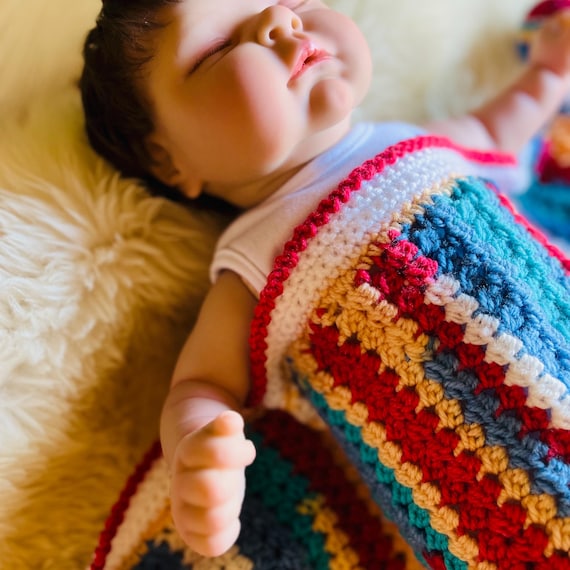 Handmade Crochet Baby Blanket With Pom Poms, 60 X 60cm Striped