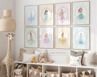 16 láminas de princesas para pared, decoración de pared para habitación infantil de princesas, decoración de pared pastel para habitación infantil, láminas de princesas para habitación infantil, láminas de cuentos de hadas para sala de juegos.